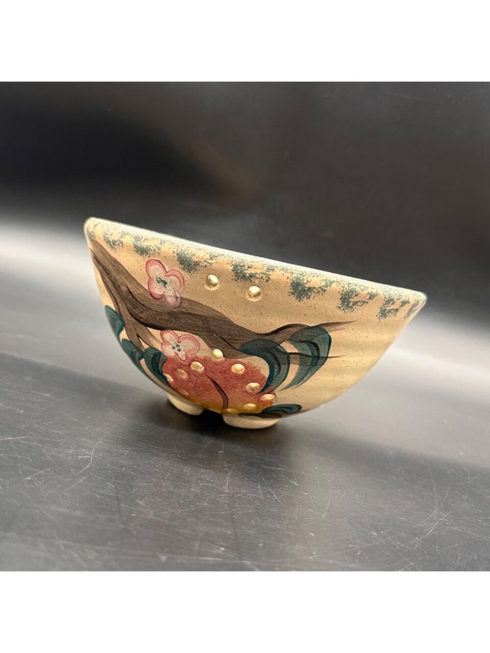 Vintage Spongeware Strainer Colander Peach Apple Fruit Floral 1990s Art Pottery